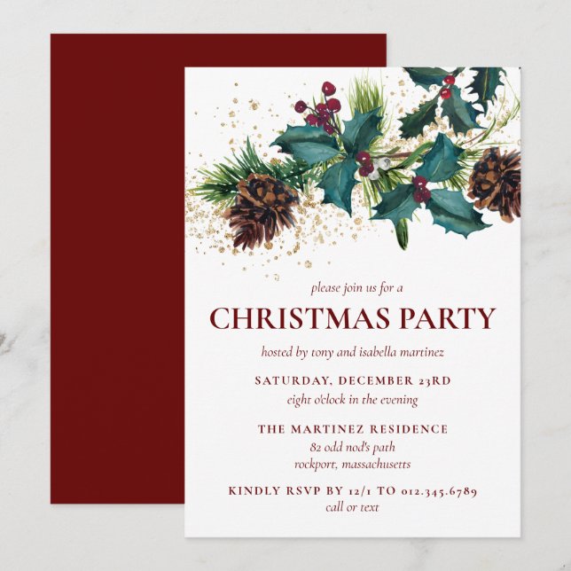 Rustic Holly and Berries Botanical Christmas Party Invitation (Front/Back)