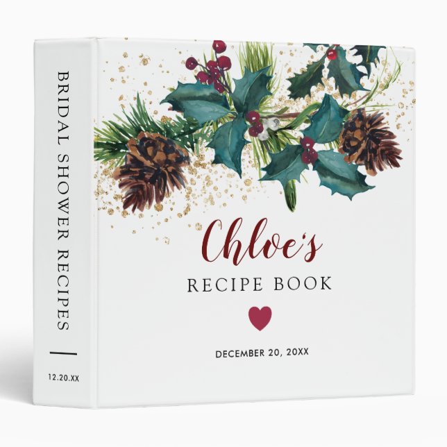 Rustic Holly and Berries Bridal Shower Recipe Book 3 Ring Binder (Front/Spine)