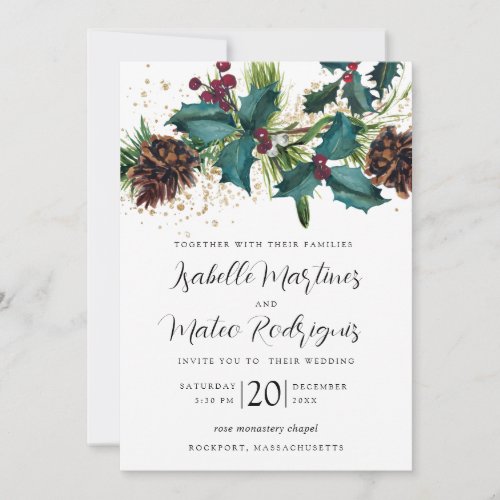 Rustic Holly and Berries Winter Botanical Wedding  Invitation