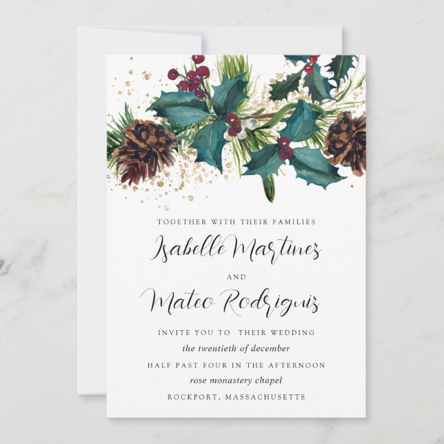 Rustic Holly and Berries Winter Botanical Wedding  Invitation (Front)