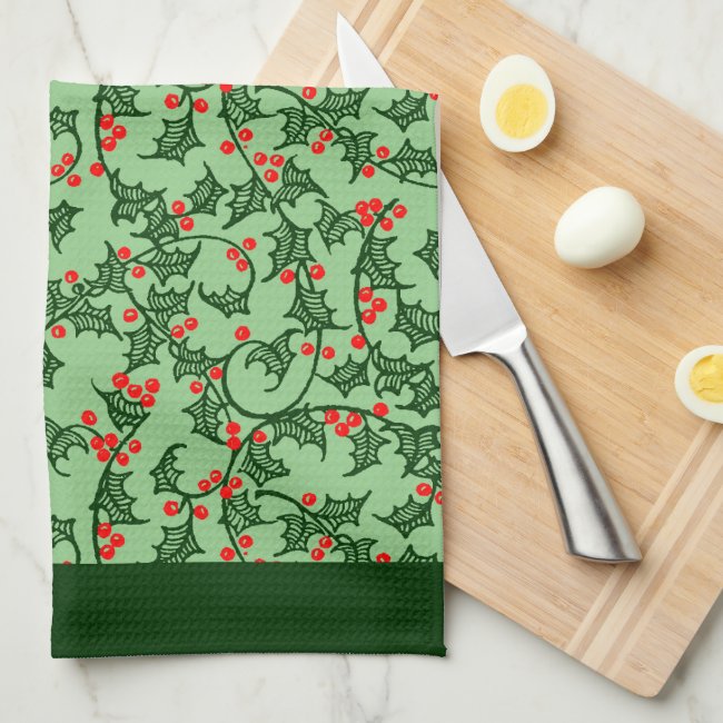 Rustic Holly and Berry Holiday Pattern on Green