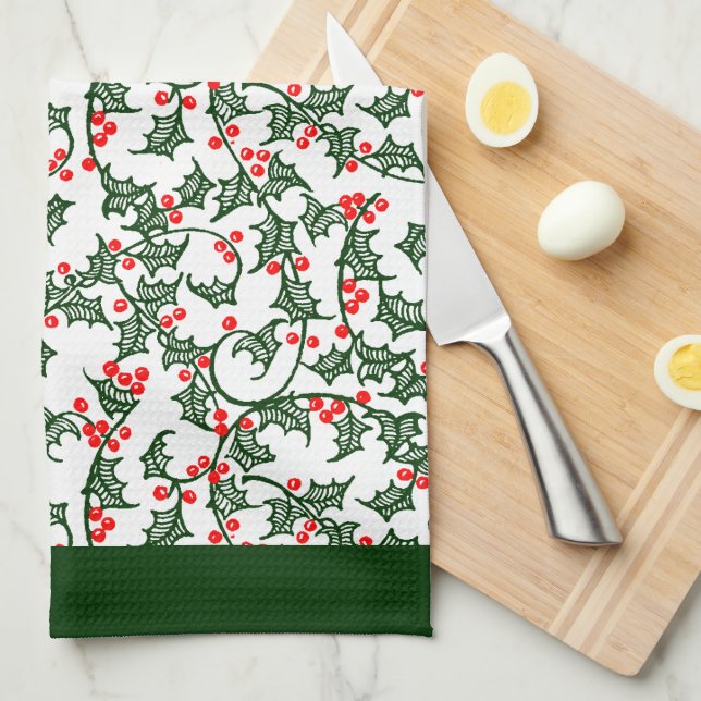 Rustic Holly and Berry Holiday Pattern on Green Kitchen Towel (Quarter Fold)