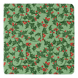 Rustic Holly and Berry Holiday Pattern on Green Trivet
