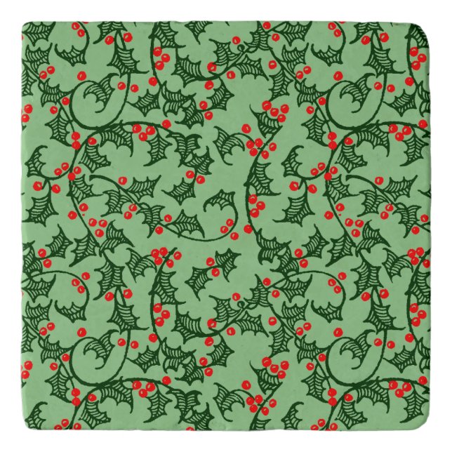Rustic Holly and Berry Holiday Pattern on Green Trivet (Front)