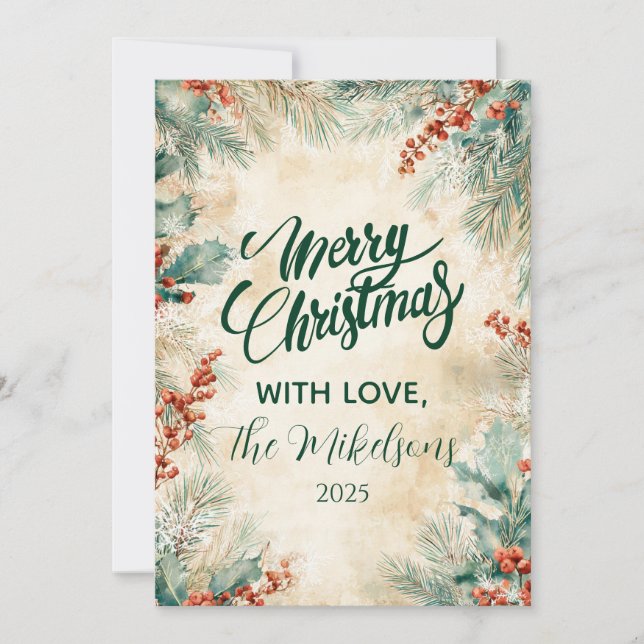 Rustic Holly and Pine Christmas Holiday Card (Front)