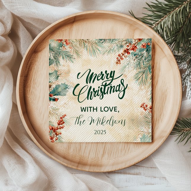 Rustic Holly and Pine Christmas Napkins (Creator Uploaded)
