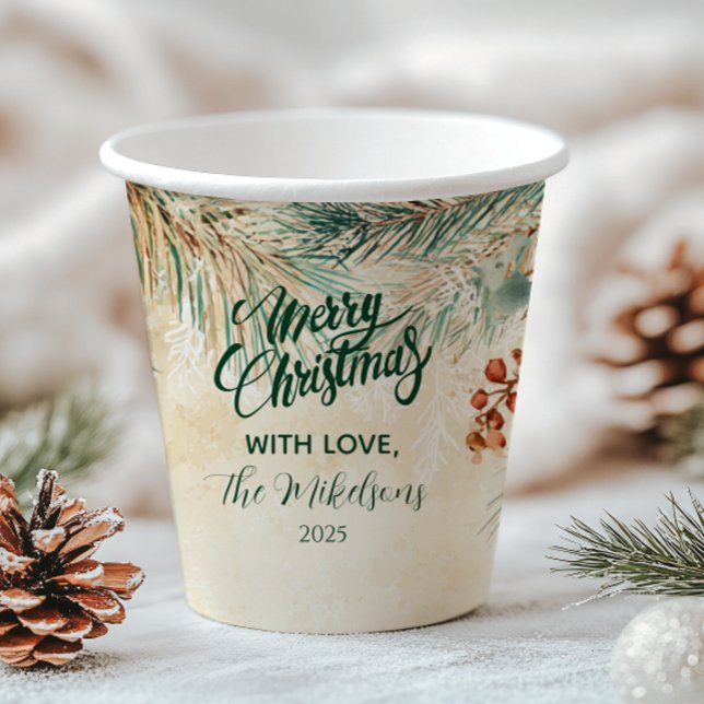 Rustic Holly and Pine Christmas Paper Cups (Creator Uploaded)