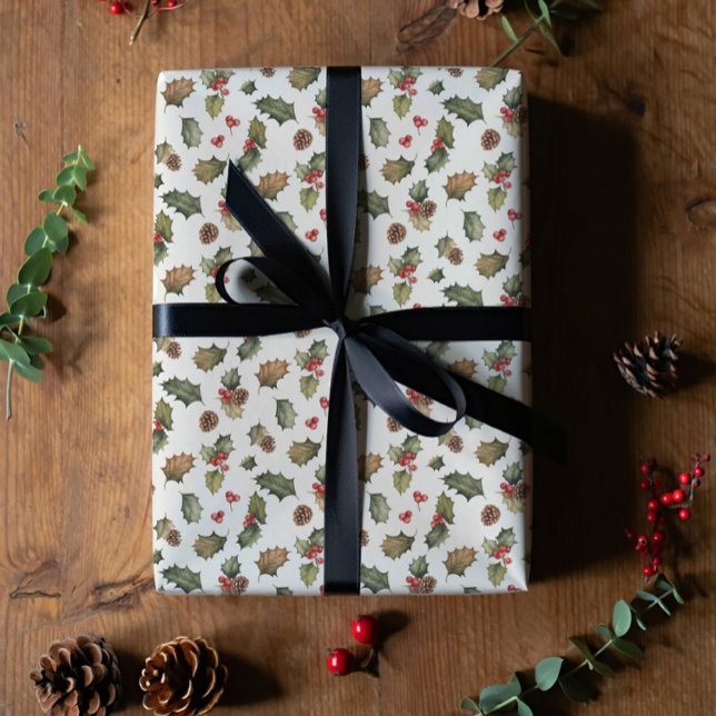 Rustic holly and pine Christmas  Wrapping Paper (Creator Uploaded)