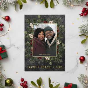 Rustic Holly Berries Black Christmas Love Peace Foil Holiday Card