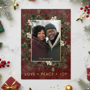 Rustic Holly Berries Burgundy Christmas Love Peace Foil Holiday Card