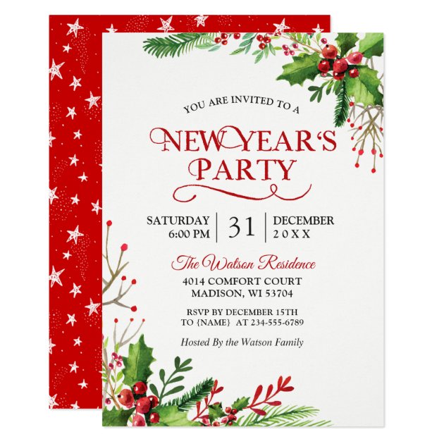 Rustic Holly Berries Classic New Year's Party Invitation