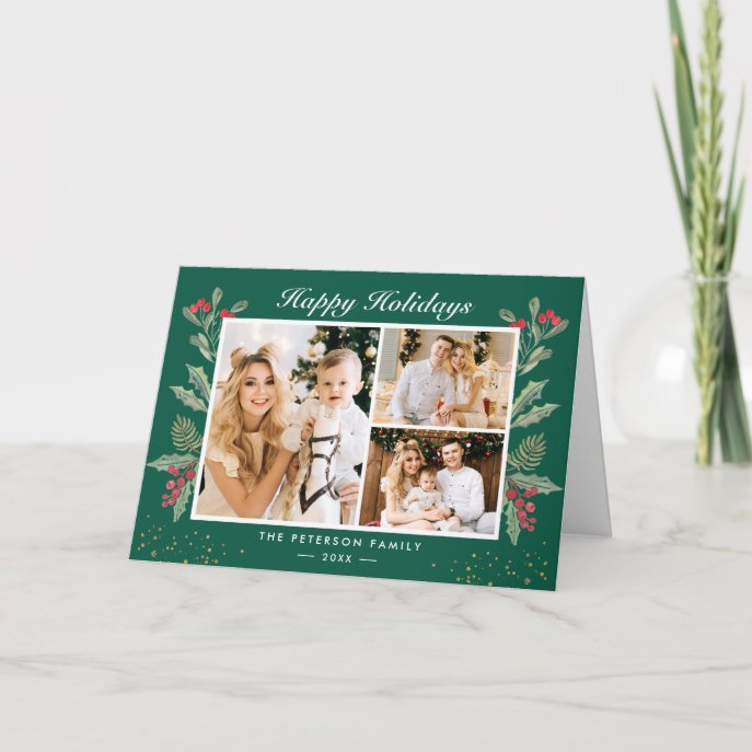 Rustic Holly Berries Foliage Happy Holidays Photo Holiday Card