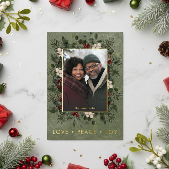 Rustic Holly Berries Green Christmas Love Peace Foil Holiday Card (Creator Uploaded)