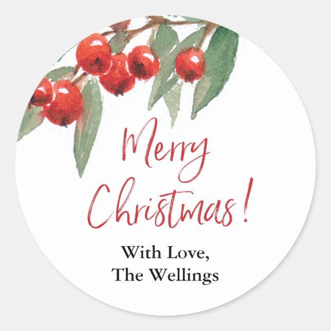 Rustic Holly Berries Merry Christmas Personalized Classic Round Sticker (Front)