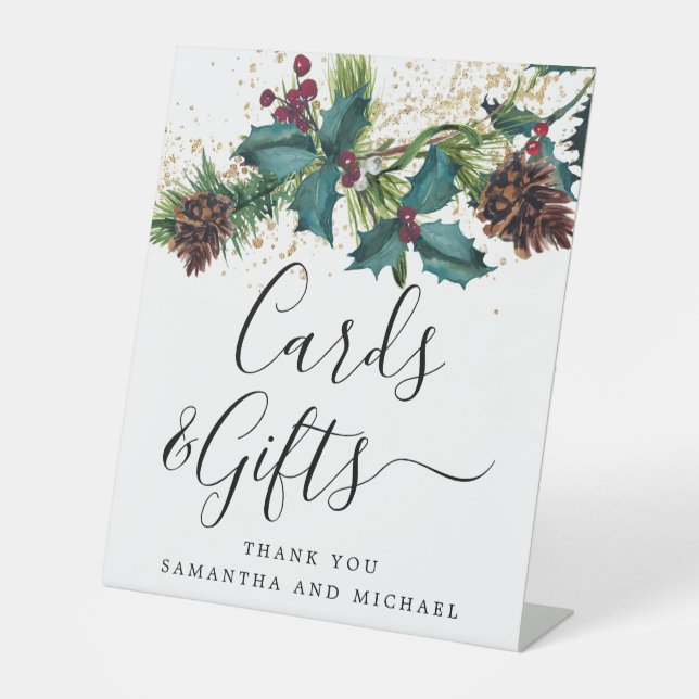 Rustic Holly Berries Wedding Cards and Gifts Pedestal Sign (Front)