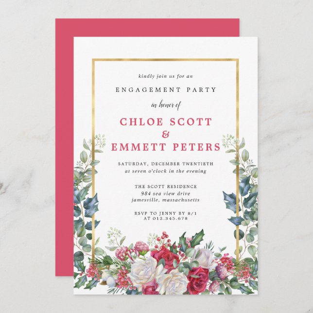 Rustic Holly Berries Winter Engagement Party Invitation (Front/Back)