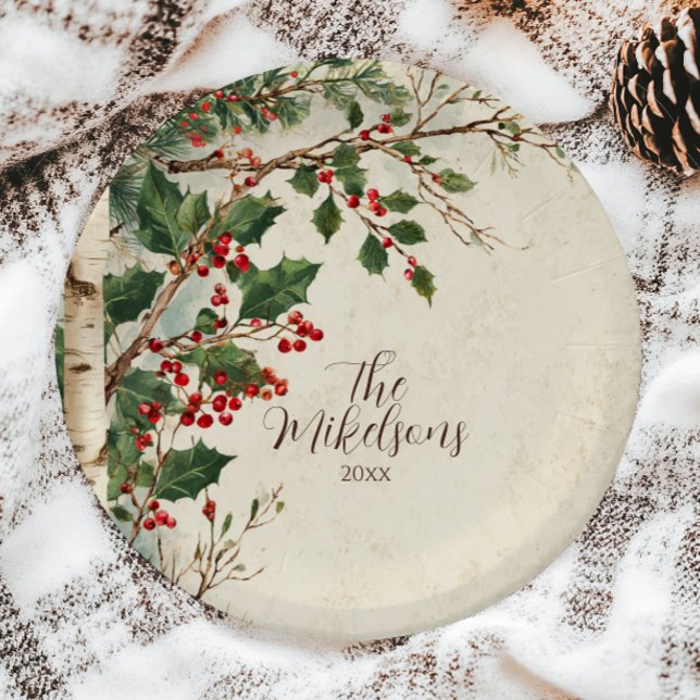 Rustic Holly Berry Christmas Party Paper Plates (Creator Uploaded)
