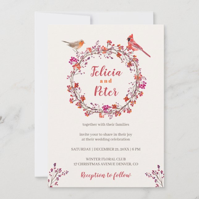 Rustic holly berry wreath birds Christmas wedding Invitation (Front)