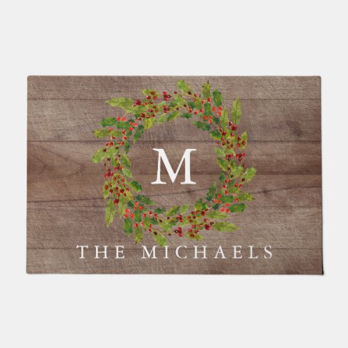 Rustic Holly Berry Wreath Christmas Doormat