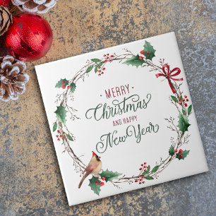 Rustic Holly Berry Wreath with Bird Holiday Ceramic Tile