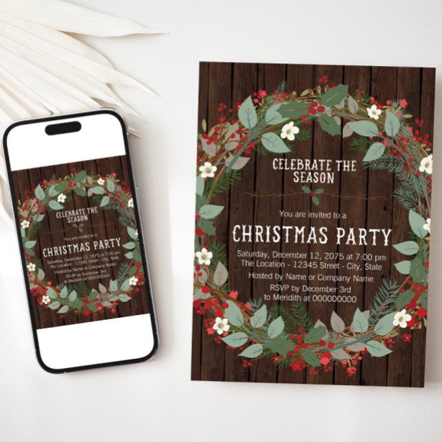 Rustic Holly Christmas Party Invitation (Rustic Christmas party invitation with wreath on wood. Available for instant download and print.)