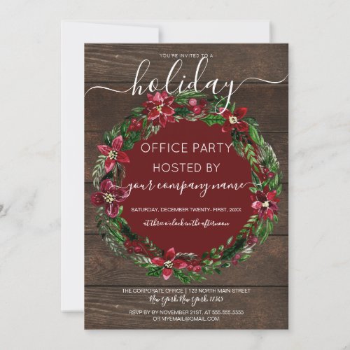 Rustic Holly Floral Wreath Wood Corporate Holiday Invitation