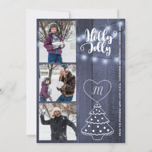 Rustic Holly Jolly 3 photos collage blue barn wood Holiday Card