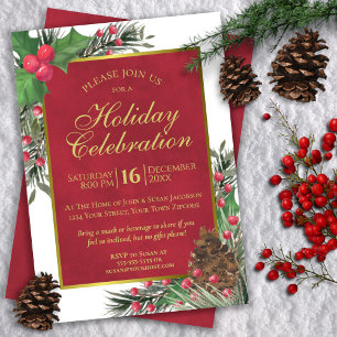 Rustic Holly & Pine Crimson Red Christmas Holiday Invitation