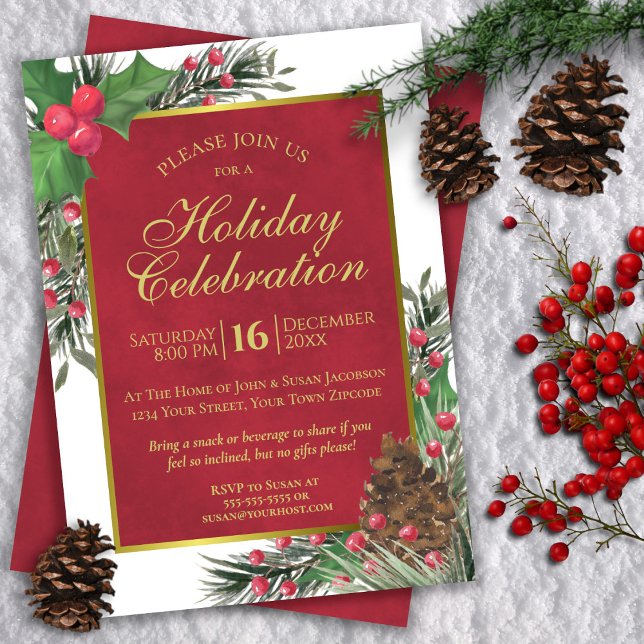 Rustic Holly & Pine Crimson Red Christmas Holiday Invitation (In Situ with Decorations)