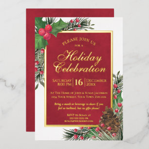 Rustic Holly & Pine Elegant Holiday Party Foil Invitation
