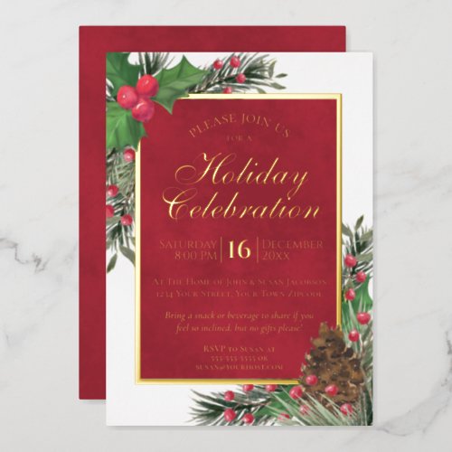 Rustic Holly  Pine Elegant Holiday Party Foil Invitation