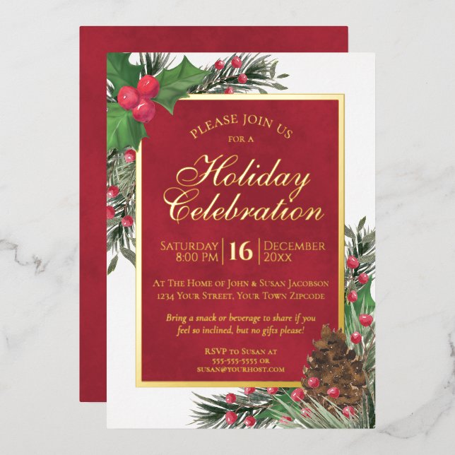 Rustic Holly & Pine Elegant Holiday Party Foil Invitation (Front/Back)