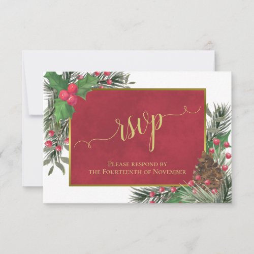 Rustic Holly &amp; Pine Holiday or Christmas Wedding RSVP Card