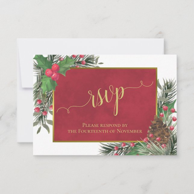 Rustic Holly & Pine Holiday or Christmas Wedding RSVP Card (Front)