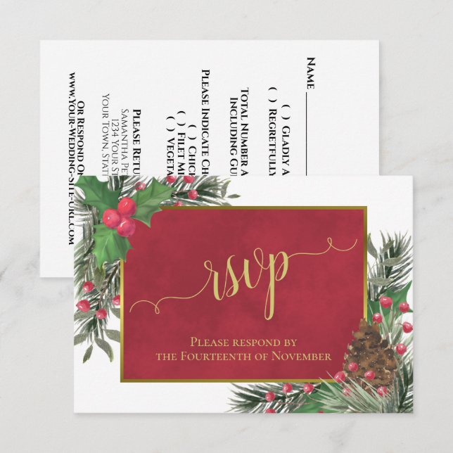 Rustic Holly & Pine Holiday or Christmas Wedding RSVP Card (Front/Back)