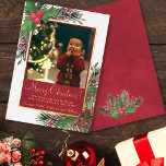 Rustic Holly & Pine Merry Christmas Photo  Foil Holiday Card<br><div class="desc">This beautiful Christmas card features a design that combines real foil with hand painted watercolor foliage. The card has your photo on a marbled crimson red background with gold foil lettering and a gold foil frame surrounded by sprigs of pine branches, berries, holly leaves, and pinecones. Beautiful, festive, and elegant,...</div>