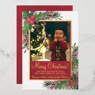 Rustic Holly & Pine Merry Christmas Photo  Foil Holiday Card