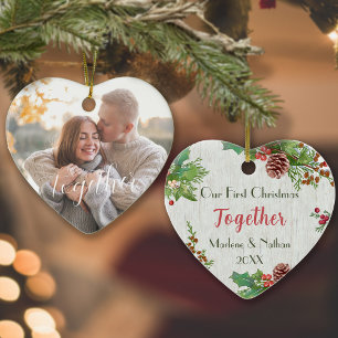 Rustic Holly Pine Together 2-sided Custom Photo Ceramic Ornament