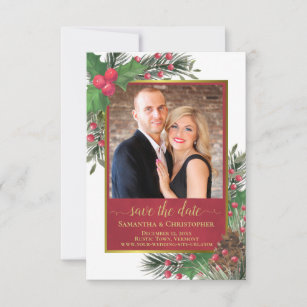 Rustic Holly & Pine with Photo Holiday Wedding Save The Date