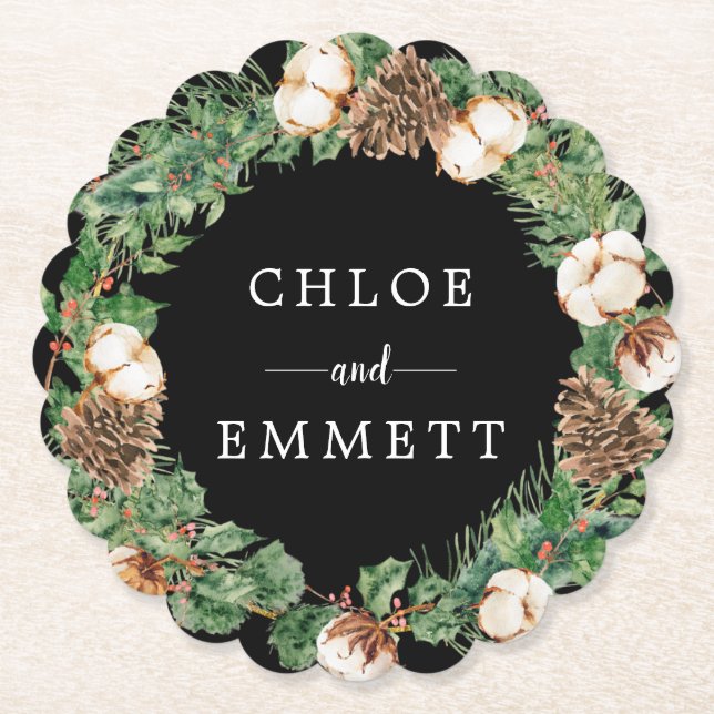 Rustic Holly Pine Wreath Wedding Paper Coaster (Front)