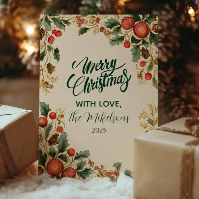 Rustic Holly Pomegranate Christmas Holiday Card (Creator Uploaded)