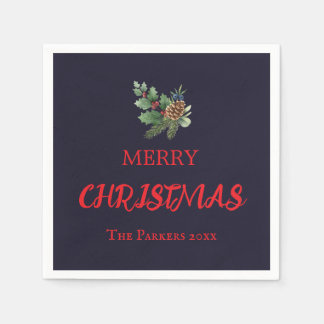 Rustic holly with red berries and pine cone napkins