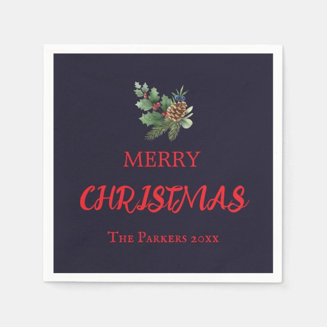 Rustic holly with red berries and pine cone napkins (Front)