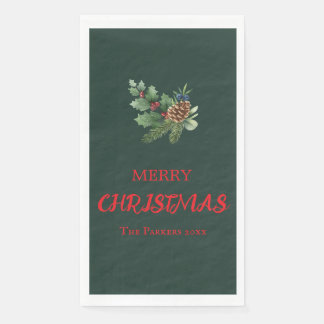 Rustic holly with red berries and pine cone paper guest towels