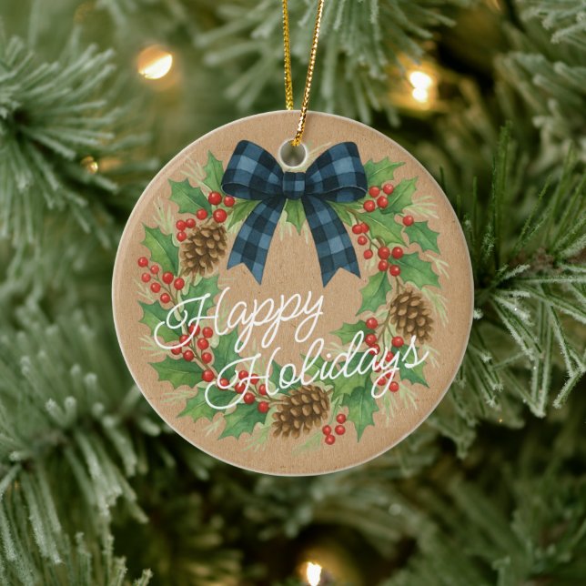 Rustic Holly Wreath Blue Black Checkered Bow Ceramic Ornament (Tree)