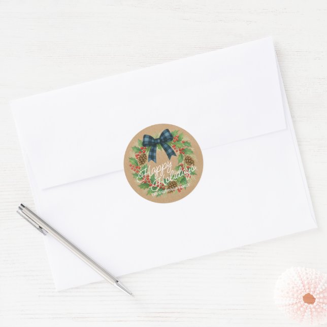 Rustic Holly Wreath Blue Black Checkered Bow Classic Round Sticker (Envelope)