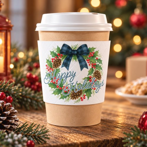 Rustic Holly Wreath Blue Black Checkered Bow Coffee Cup Sleeve