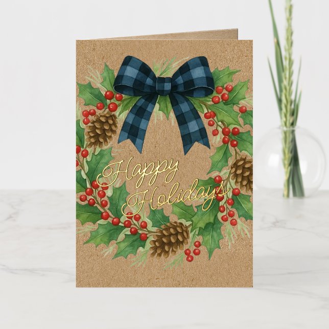 Rustic Holly Wreath Blue Black Checkered Bow Foil Holiday Card (Front)