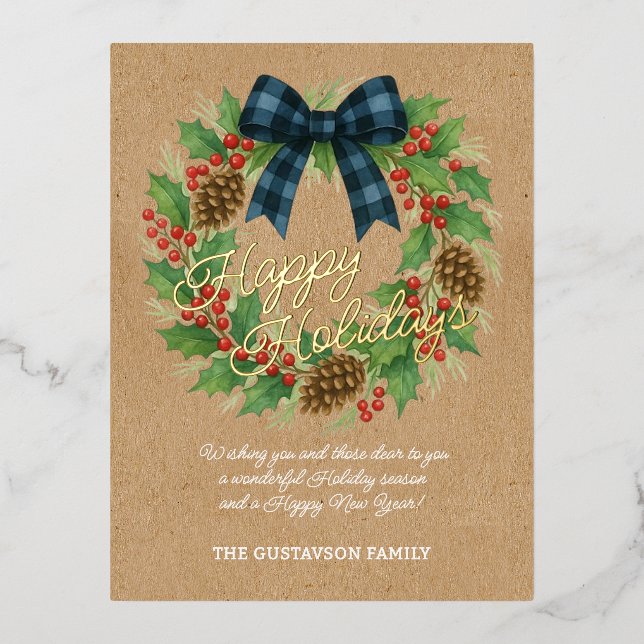 Rustic Holly Wreath Blue Black Checkered Bow Foil Holiday Postcard (Front)