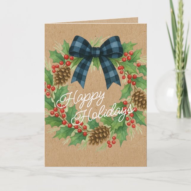 Rustic Holly Wreath Blue Black Checkered Bow Holiday Card (Front)